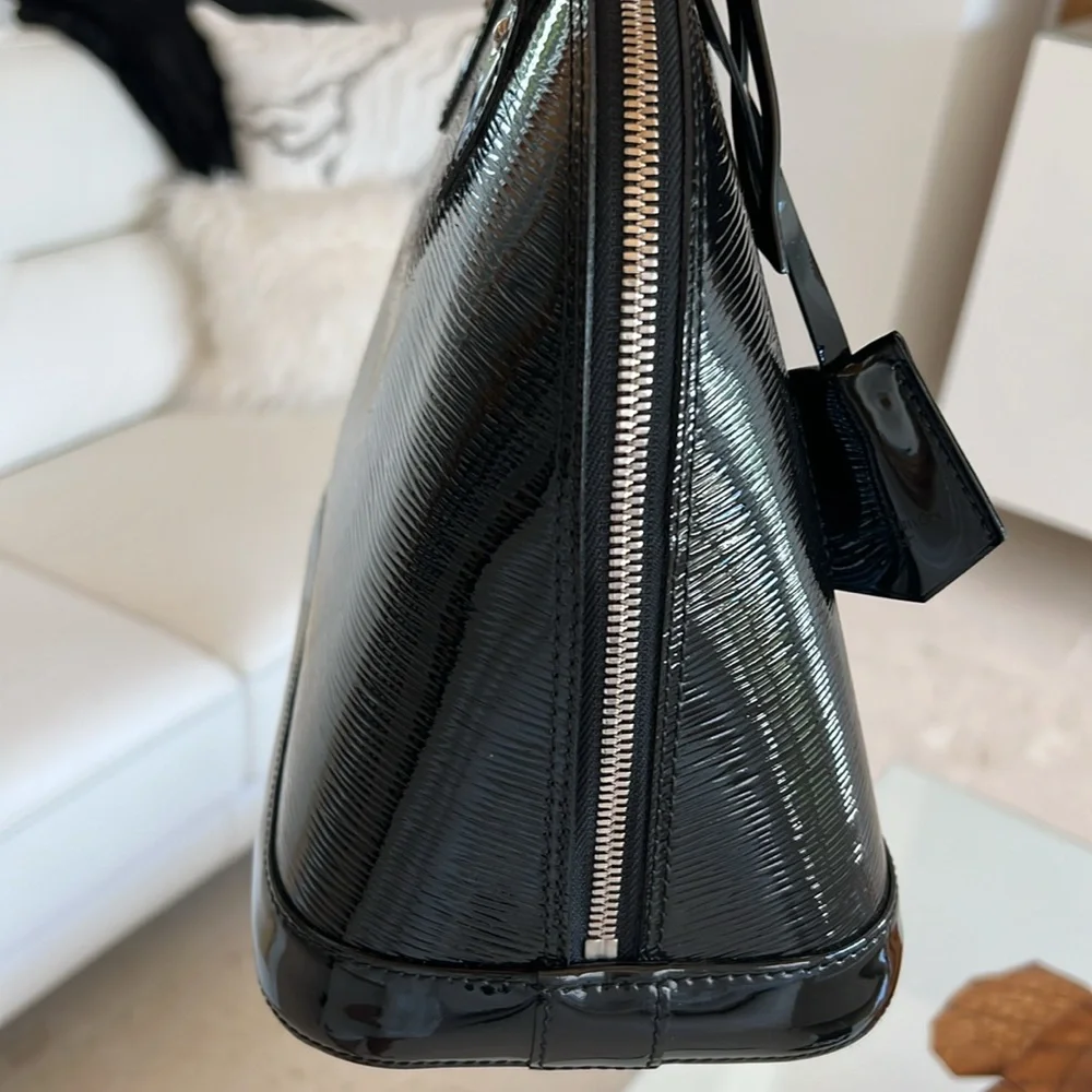 authentic $2850 Louis Vuitton Epi Electric Alma PM Satchel black patent leather